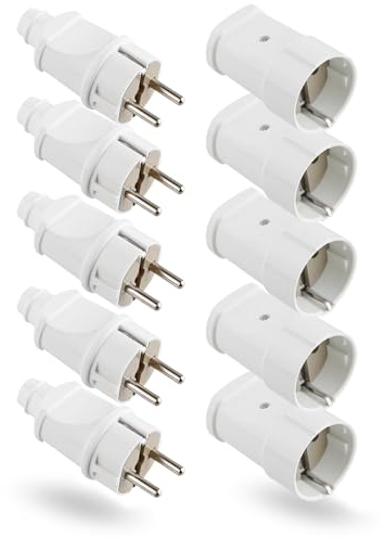 Schukostecker und Schukokupplung, Schutzkontaktstecker, 5er Pack Schutzkontakt Set mit Knickschutz, Kann für 0.5-2.5cm² Kabel, IP20, 250V, 16A