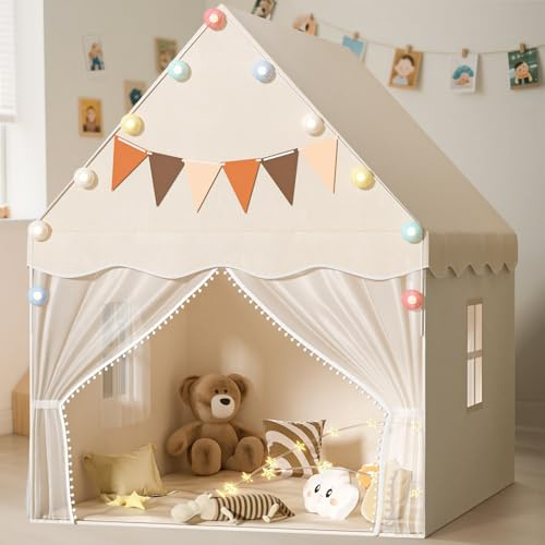 EagleStone Tienda de campaña para niños con luz de estrella y alfombrilla acolchada, casa de juegos para niños, muebles de sala de juegos de color neutro, tienda de campaña de interior para niños,