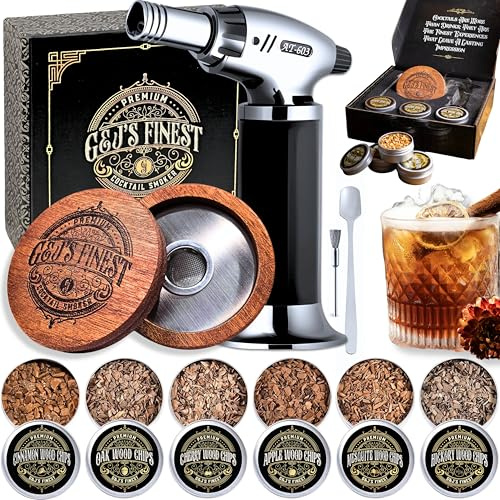 Whiskey Smoker Kit with 3-Flame Torch - 6 Wood Chips & Gift Box for Smoking Drinks| Cocktail Smoker Kit| Bourbon Smoker Kit| Old Fashioned Smoker Kit | Whiskey Gift for Men (No Butane Incl.)