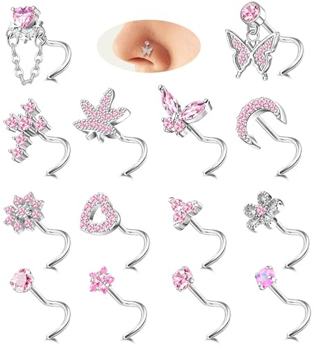 MILACOLATO 12Pcs 20G Dangle Nose Studs for Womens L Shaped Nose Rings | Gold Silver Stainless Steel Corkscrew Dangly Nose Rings Stud CZ Heart Moon Butterfly Nose Piercing Jewellery for Women