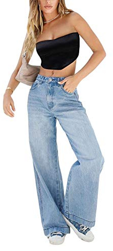 Womens Y2K Low Rise Baggy Jeans Straight Wide Leg Boyfriend Trousers Casual Loose Fit Denim Pants Streetwear (A-Dark Blue, S)