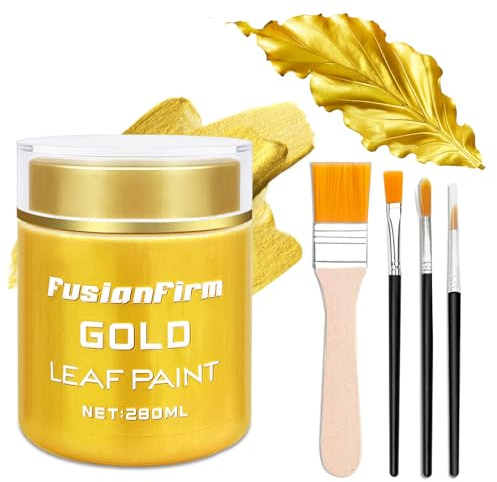 Acrylic Paint Metallic Gold, 280ml Liquid Gold Leaf Paint, Hand-crafts, Non-Toxic, Non-Fading Water-Based Gold for Craft, Canvas, Wood, Fabric, Ceramic, Stone, with 1 Brush & 3 Paintbrushes