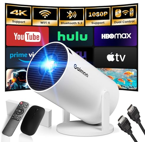 Mini Projector with WiFi and Bluetooth Built-in Apps Smart Projector Support 4K 1080P FHD 180° Adjustable Auto Keystone Compatibile with HDMI/TV Stick/Memory Stick/Laptop, White