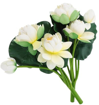 2Pcs Artificial Lotus Flower Decor, 12.5inch 7 Head Water Lilies, Outdoor Pond Plants, Silk Artificial Flower Lotus, Household Living Room and Dining Table Decoration (White)