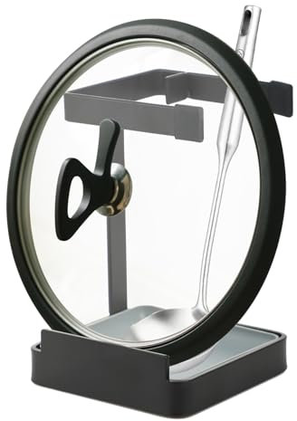 Supporto per coperchio e cucchiaio, Porta Coperchio Organizzatore Portapentole,supporto multifunzionale in acciaio inox per coperchi, mestoli, spatole, libri di cucina, tablet,nero