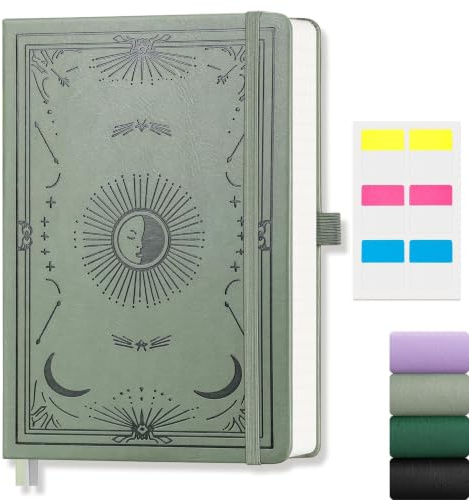 A5 Lined Journal, Light Green Faux Leather Hardcover Sun Moon Notebook | Natural Fresh Art Notepad, 192 Pages, 100 GSM Thick Paper, for Daily Writing and Gifting, 14.5 x 21 cm