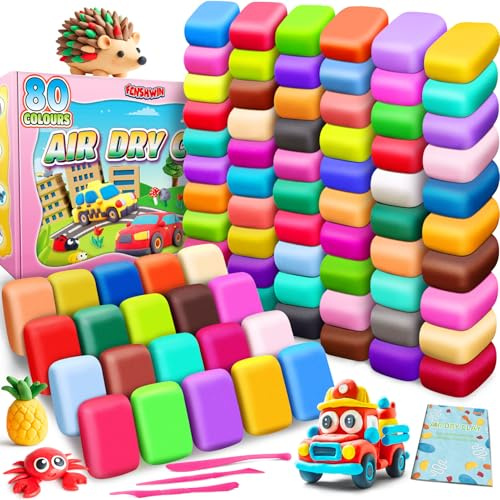 Arcilla de modelar, 80 colores pasta moldeable mágica desecante al aire para niños, regalo para niños y niñas de 3 a 12 años