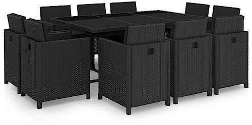 Teenpull 11-TLG. Gruppo da giardino in polyrattan nero, resistente alle intemperie, con 10 sedie e tavolo in vetro, per terrazza e balcone, accogliente pasti all'aperto