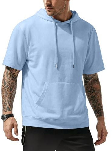 JMIERR Men's Hooded T-shirts Cotton Fashion Clothing Athletic Hoodies with Pocket Short Sleeve Summer Tops for Men, Baby Blue L