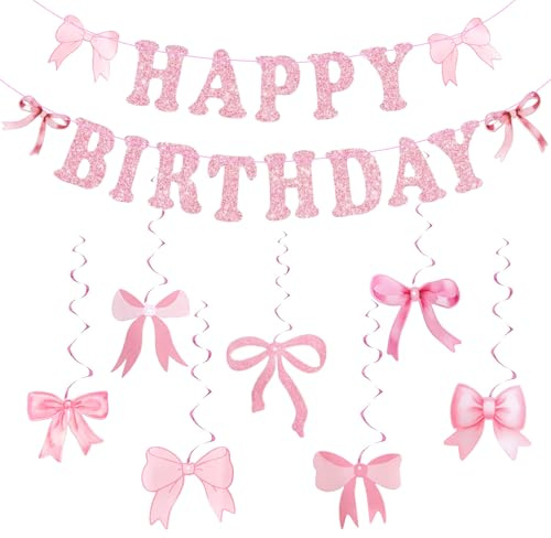 Pink Birthday Party Decorations Set with Pre-Strung Happy Birthday Banner, Bow Banner, Hanging Swirls for Women Party Backdrop