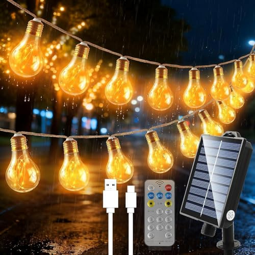 Facarler Guirnalda Luminosa Guinguette Solar Exterior 8M de Cuerda de Cáñamo, 16 Bombillas A65 IP65 Impermeable, 8 Modos con Control Remoto y Carga USB, Ideal para Jardín, Fiesta, Bistro y Pabellón