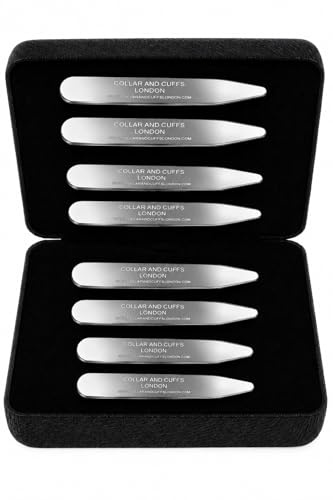 COLLAR AND CUFFS LONDON - Collar Stays for Men 8 Piece Stainless Steel | Metal Shirt Collar Stiffeners Bones Inserts - With Presentation Gift Box - 50mm to 65mm - 2 to 2.5 Inch - Silver Colours