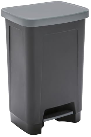 SUNDIS Step Bin, poubelle à pédale 50 L, rectangulaire, en plastique recyclé, noir et anthracite, pour cuisine, bureau, buanderie, garage, atelier