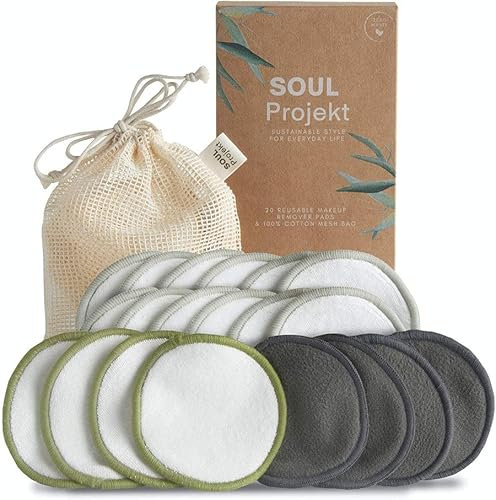 Soul Projekt Reusable Makeup Remover Cotton Pads Bamboo (20 Pack), 100% Organic Face Pad Stocking Fillers, Teenage Girls Gifts, Eco Biodegradable No Waste Make Up Wipes with Laundry Bag