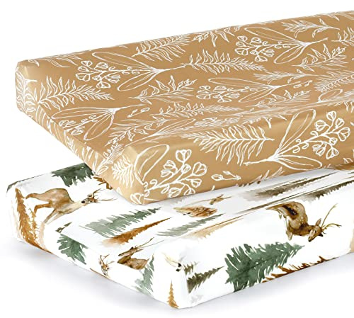 GRSSDER Stretch Ultra Soft Jersey Knit Changing Pad Cover Set 2 Pack, Change Table Pad Covers Fit 32/34 x 16 Pads Safe and Snug, Stylish Jungle Deer Pattern for Baby