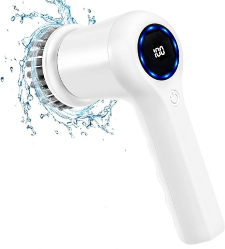 GRUTTI Elektrische Reinigungsbürste mit 5 austauschbaren Bürstenköpfen, 2000 mAh elektrischer Schleuderschrubber kabellos, geeignet für Küche, Bad, Fliesen, Waschbecken, Glas; 2 Modi, LED-Anzeige