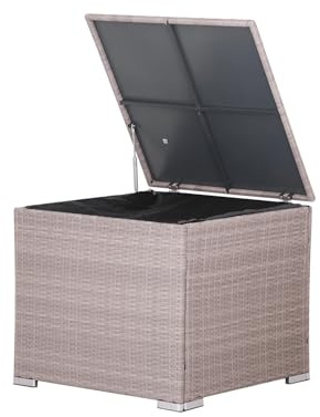 Calma Lux® Caja para cojines, 300 l, con tapa, 75 x 75 x 65 cm, resistente al agua, muelle de gas, jardín, balcón, baúl, lavable, polirratán, negro (beige-gris)
