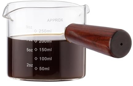 BCnmviku 250ml Espresso Glass with Dual Scale,Espresso Shot Glass with Wood Handle,Double Spouts Espresso Cups for Coffee,Milk