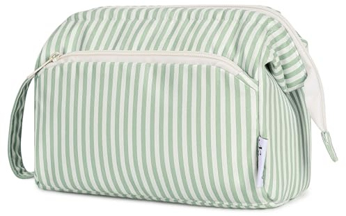 Narwey Large Makeup Bag Wide-Open Zipper Pouch Travel Wash Bag Toiletry Bag Cosmetic Organizer for Women (Mint Green Stripe)
