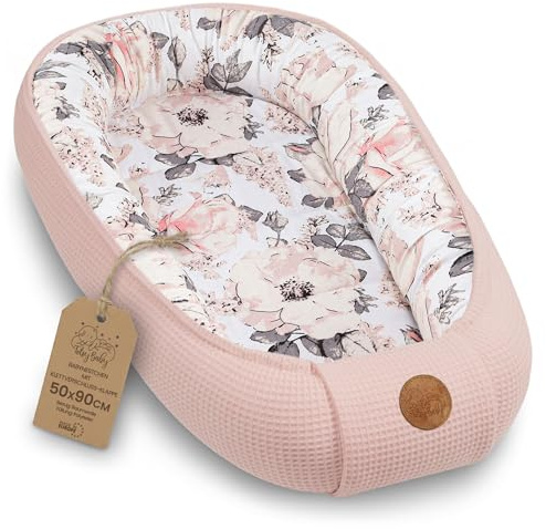 Babynest Neugeborene Nestchen Baby 50x90cm - Kokon Handmade zweiseitig aus Baumwolle Waffel mit Babynestchen Wilde Rose