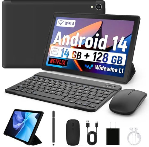 Whitedeer 10 inch Tablet Android 14, 14GB+128GB/2TB Expanded, Octa-Core Tablets, 800 * 1280 HD丨WiFi 6丨BT 5.0丨5000mAh丨5MP+8MP, Widevine L1, Tab with Keyboard丨Mouse丨Stylus丨Tablet Case丨 Headphone(Black)