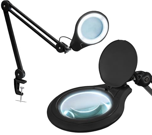 Neatfi Lámpara lupa LED de 1.200 lúmenes con abrazadera – Lente de 13 cm, 8 dioptrías, regulable, incluye paño de microfibra, lámpara para lectura, costura y manualidades (Negro, 8 Dioptrías)