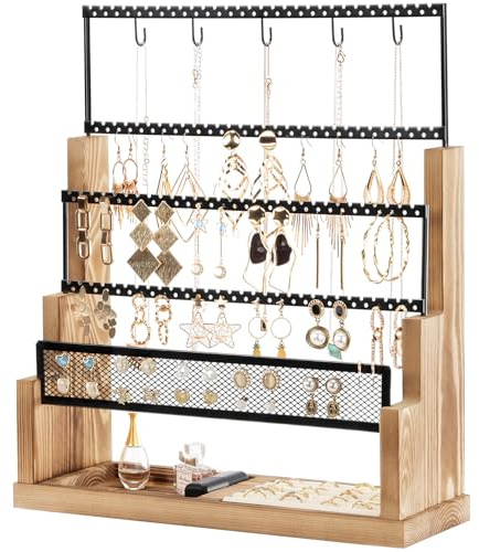 Lolalet Earring Holder Stand, 5 Tiers Jewellery Organizer Rack for Stud Earring Necklace Bracelet Wooden Rustic Display Storage with Velvet Ring Tray,Up to 90 pairs of earrings -Nature