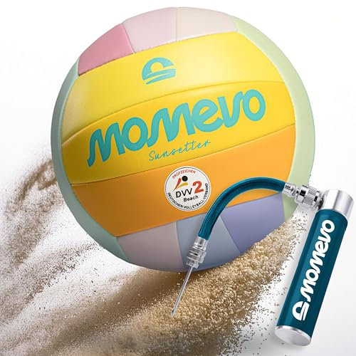 Momevo Sunsetter Beachvolleyball, DVV Zertifiziert, offizielle Größe 5, weiche PU Oberfläche - für Outdoor Sandsport Strandsport Geschenk (Rainbow, Set mit Ballpumpe)