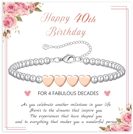 BMMYE 40th Birthday Gifts for Women,Silver Bead Bracelet with Rose Gold Heart Adjustable Sterling Silver Bracelet Birthday Gifts with Cards for Mum Daughter Sister Grandma