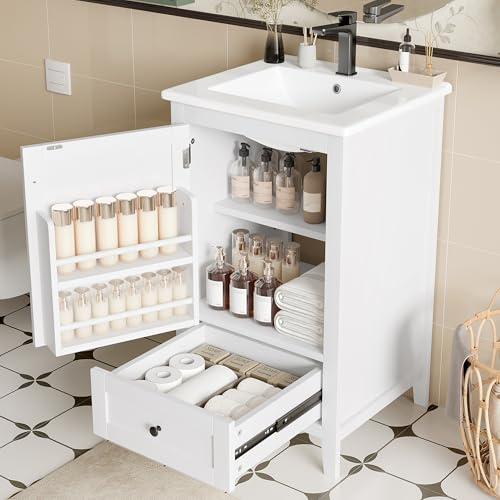 A ALFRESCOOL Armadio da bagno da 50 cm, con lavabo, completamente laccato, ripiano per porta, cassetto silenzioso con grande capacità, ripiano regolabile, lavabo in ceramica