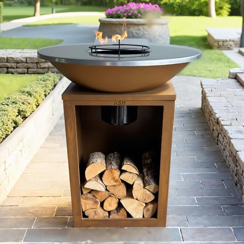 Plancha - BBQ - Barbecue - Acier Corten - Plaque de cuisson - Ø81 cm - Extérieur - Rangement bois - Plancha - Ash Solaris - XXL - Anneau de barbecue - Cheminée de jardin - Barbecue - Aspect luxueux