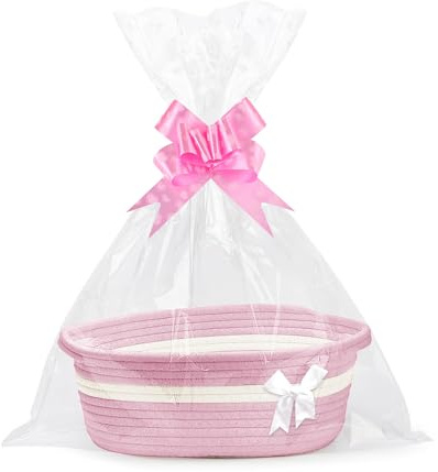 Lotvic Gift Basket, Hamper Kit, Empty Hamper Basket with Cellophane Bags and Pull Bows, Rope Gift Baskets with Handles, Woven Gift Baskets for Baby Shower, Wedding, Birthday, Housewarming (Pink)
