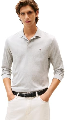 Tommy Hilfiger Men's Long Sleeve Casual Polo Shirts in Regular Fit with Liquid Cotton, Light Grey Heather, Large
