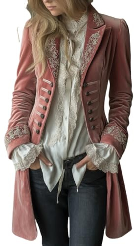 YONGHONGKEJI Blazer De Terciopelo Rosa para Mujer Chaqueta Larga Vintage Bordada De Terciopelo Blazer Retro para Festival Vestido Largo Medieval Traje Cosplay Pirata Disfraz Gótico Rosa M