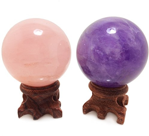 Polar Jade Rose Quartz & Amethyst Crystal Ball Set with Stand, 45mm/1.8