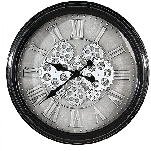 Casablanca Wanduhr Factona Metall/Glas schwarz/silberfarben Antikfinish mit Sich drehenden Zahnrädern mit schwarzen Metallzeigern für 4 x AAA Batterien T: 9cm Ø 53 cm 50339
