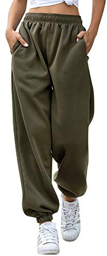Nuofengkudu Damen Gefüttert Jogginghose Baggy High Waist Gummibund Sporthose Laufhosen Sweathose Taschen Hosen Bequeme Lockere Lässige Freizeithose Loungewear Outdoor Outdoor Winter(Vlies-Grün,M)