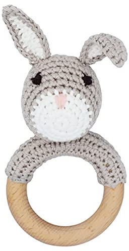 Joliecraft Waldland Holz Baby Rassel Greifling, Babyrassel Holzspielzeug Beißring für Mädchen und Junge, Geschenk zur Geburt graues Häschen
