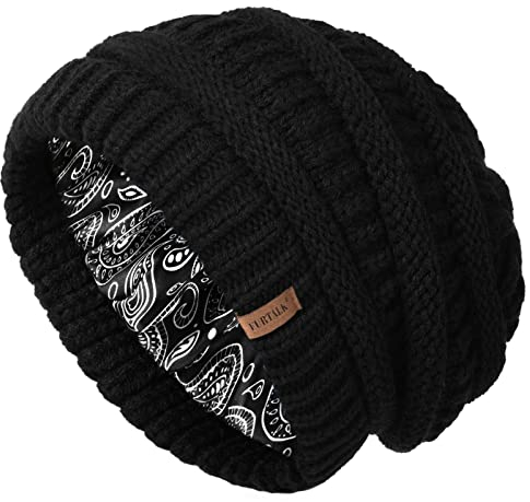 FURTALK Unisex Slouch Beanie Satin gefütterte Strickmütze für Haar Herren und Damen Wintermütze Schwarz