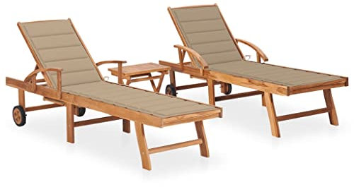 vidaXL 2X Madera Maciza de Teca Tumbonas con Mesita y Cojín Hamaca Playa Piscina Cama Patio Terraza Balcón Jardín Cómodo Acolchado Relajante