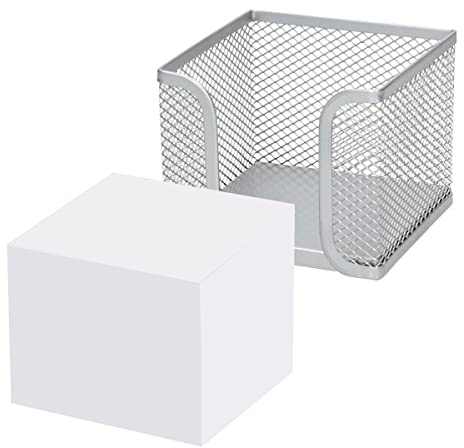 D.RECT - Zettelbox | aus Mesh | Solides Metall | Für den modernen Arbeitsplatz | Silber | mit Zettelblock 700 Blatt - 95x95x80 mm