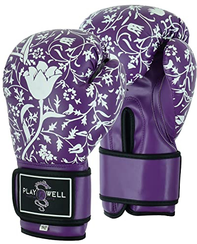 Playwell Gama de principiantes: Señoras, niñas Boxeo Sparring Guantes de combate Serie de flores moradas (8 onzas)