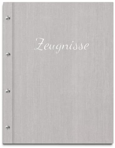 Handgefertigte Zeugnismappe im grauen Einband in Leinenoptik mit Prägedruck in verschiedenen Farben – inkl. 12 Klarsichthüllen