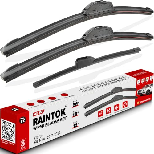 RAINTOK Windshield Wiper Blades Replacement for Kia Niro 2017 2018 2019 2020 2021 2022 Original Factory Quality Front Rear Wipers Blade Set for My Car - 26 16 12 (Pack of 3)