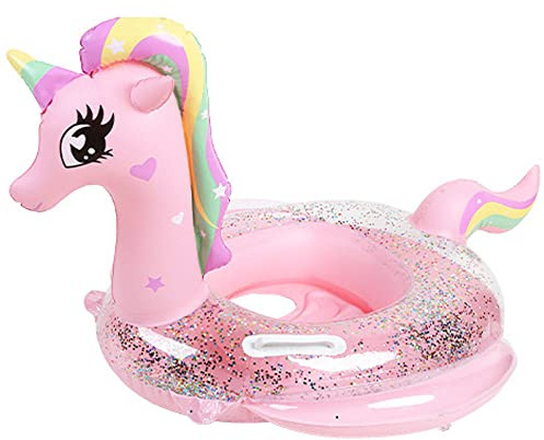 New Baby Swimming Pool Floats for Toddler Kids 8-48 Months Under 44lb, Inflatable Swim Ring Water Raft with Seat and Handle for Summer Beach Outdoor Children Infant Bath Toys (Pink Unicorn)