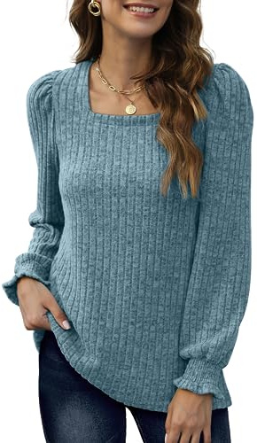 Aokosor Jumpers for Women Lightweight Long Sleeve Tops Ladies Square Neck Sweatshirts Casual Puff Sleeves Blue 14-16