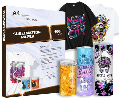 Creatorally Sublimationspapier A4, Sublimation Paper 100g/m² für Baumwolle Metall Keramik Glass, 100 Blatt Kompatibel mit Inkjet Drucker, Sublimationsdruckern Transferpresse Hitzepresse