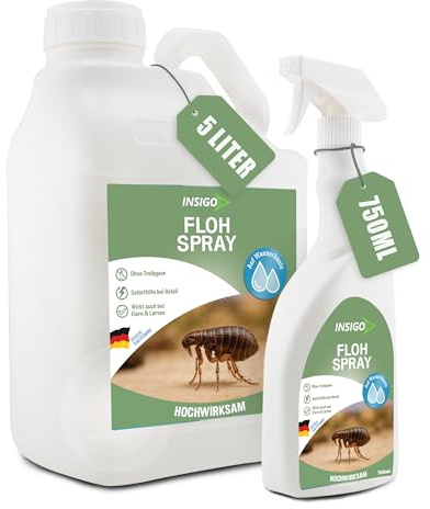 INSIGO Flohspray für Wohnung und Möbel 5L + 750ml - Abwehrspray gegen Flöhe mit Sofortschutz - Floh-Spray für Hunde und Katzen - Flohmittel hochwirksam & laborgeprüft