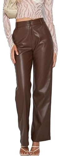 Pantaloni in Pelle da Donna, a Vita Alta, a Gamba Dritta, Casual, in Similpelle, Zampa d'elefante, con Bottone Argentato