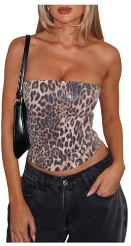 RoseSeek Women's Leopard Cheetah Sequin Strapless Tube Top Glitter Sleeveless Bandeau Crop Tops Night Out Clothes Brown Small